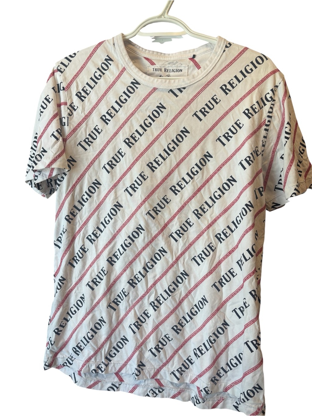 ⭐️True Religion White Tee with Black and Red Diagonal Logo Print